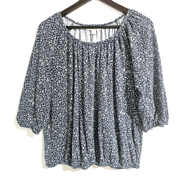 Michael Michael Kors Women's 1X Blue Floral  Scoop Neck Peasant Blouse - Picture 1 of 9